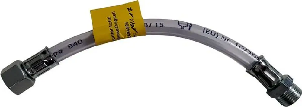 Durchsichtiger PVC-Schlauch mit Metallanschlüssen, geeignet für Öltransporte. Hergestellt von der Marke Wolf, mit klarer Kennzeichnung der Spezifikationen.